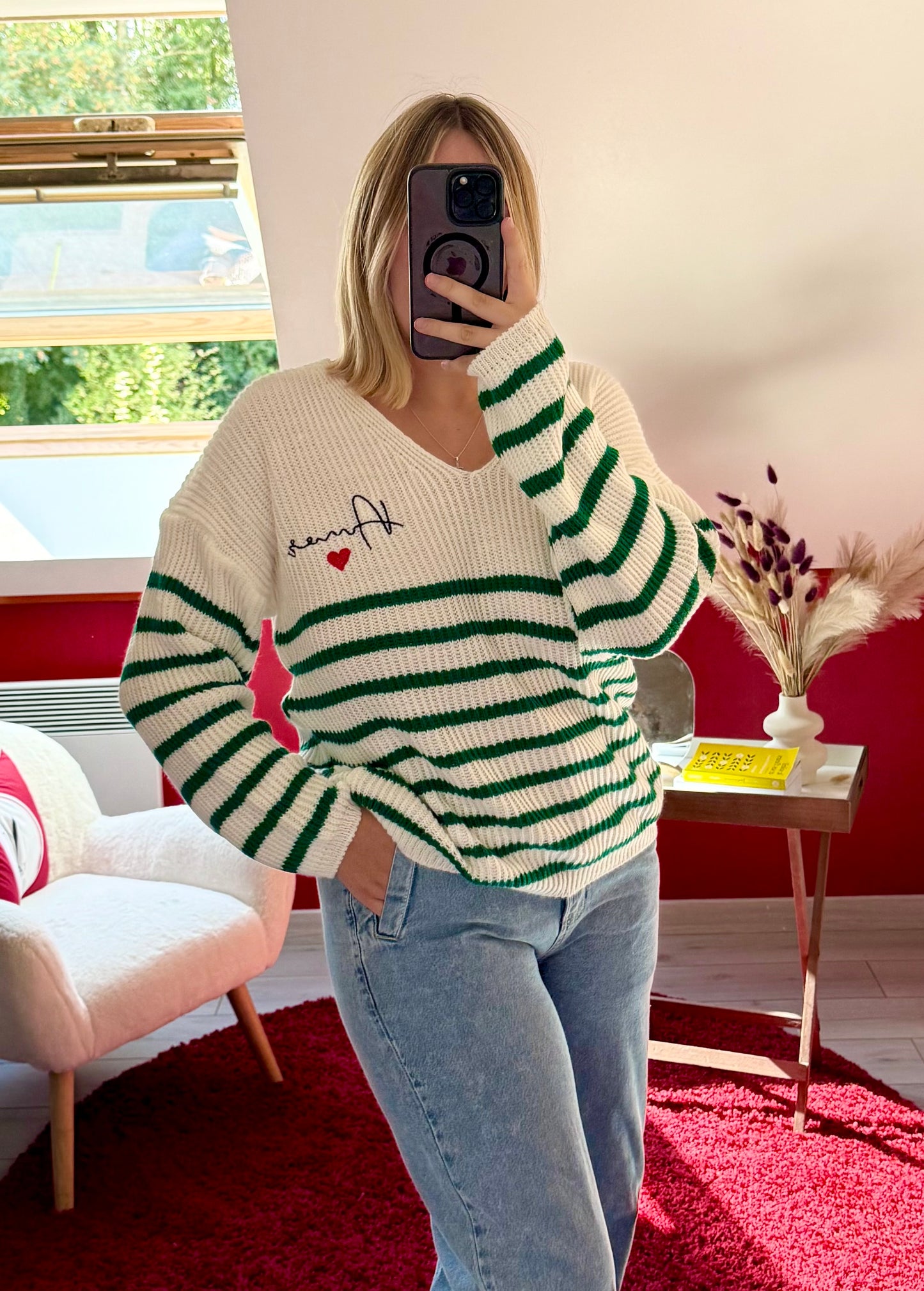 PULL RAYURE VERT « AMOUR » - MaisonKLLY