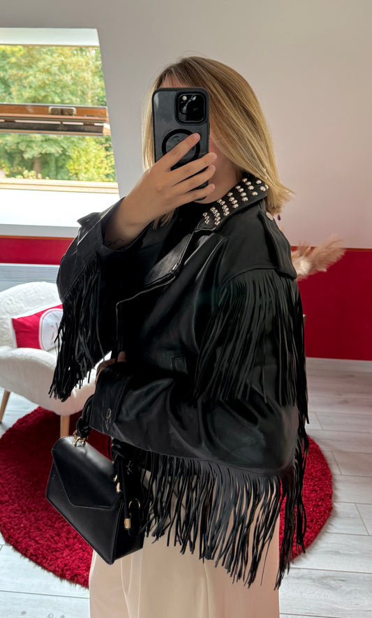 VESTE SIMILICUIR FRANGE NOIR - MaisonKLLY
