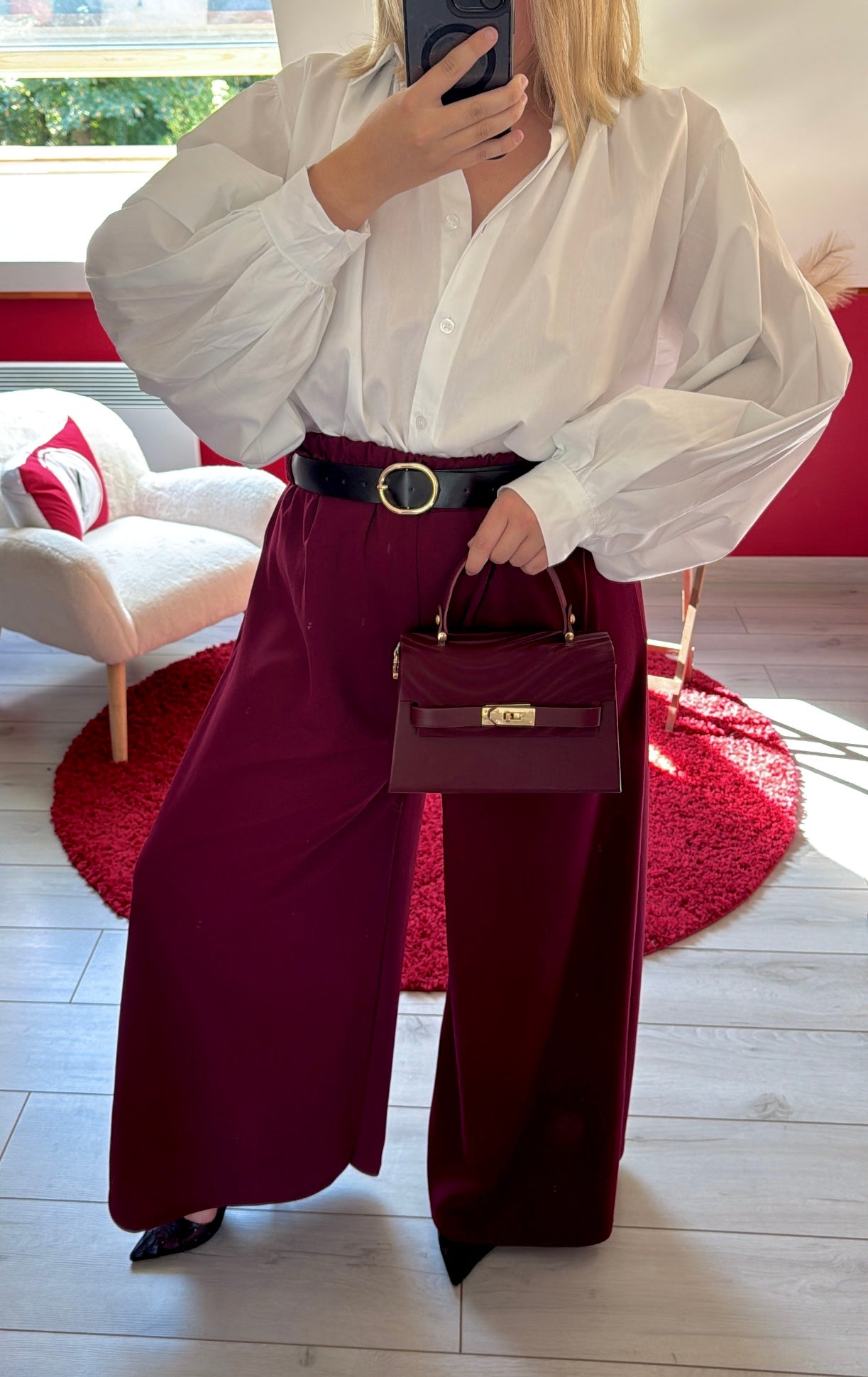 PANTALON FLUIDE BORDEAUX AVEC CEINTURE - MaisonKLLY