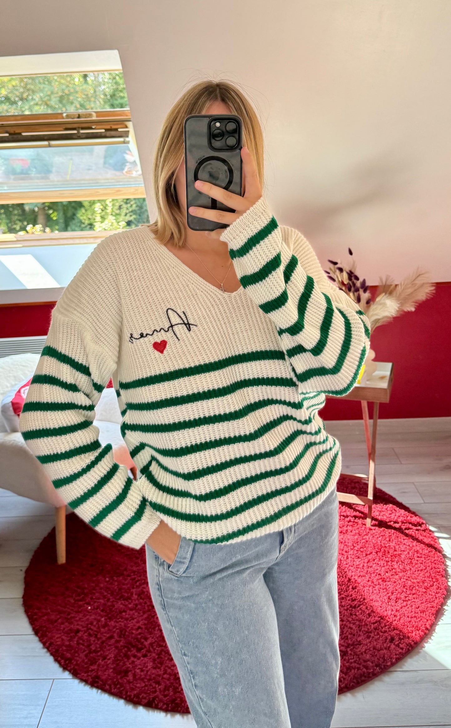 PULL RAYURE VERT « AMOUR » - MaisonKLLY