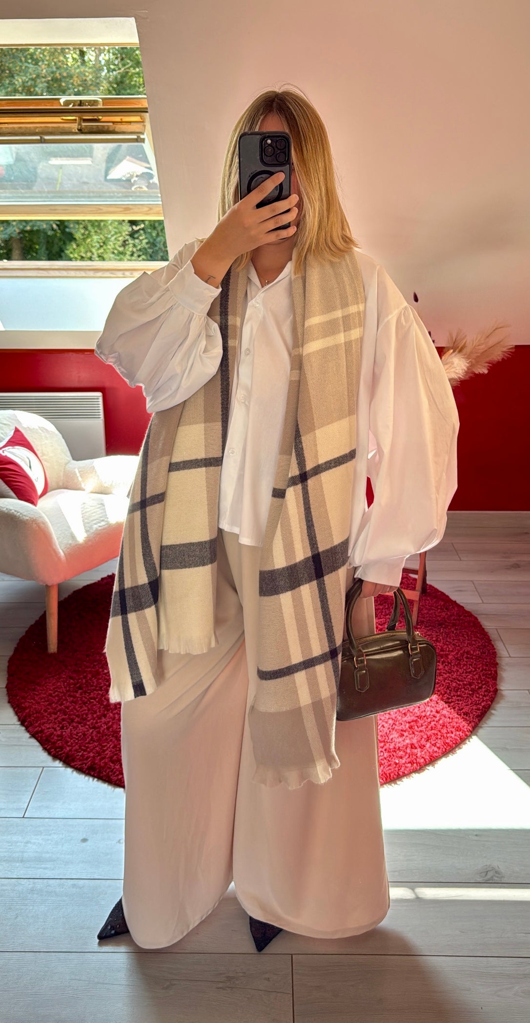 ÉCHARPE EN LIN À CARREAUX BEIGE - MaisonKLLY