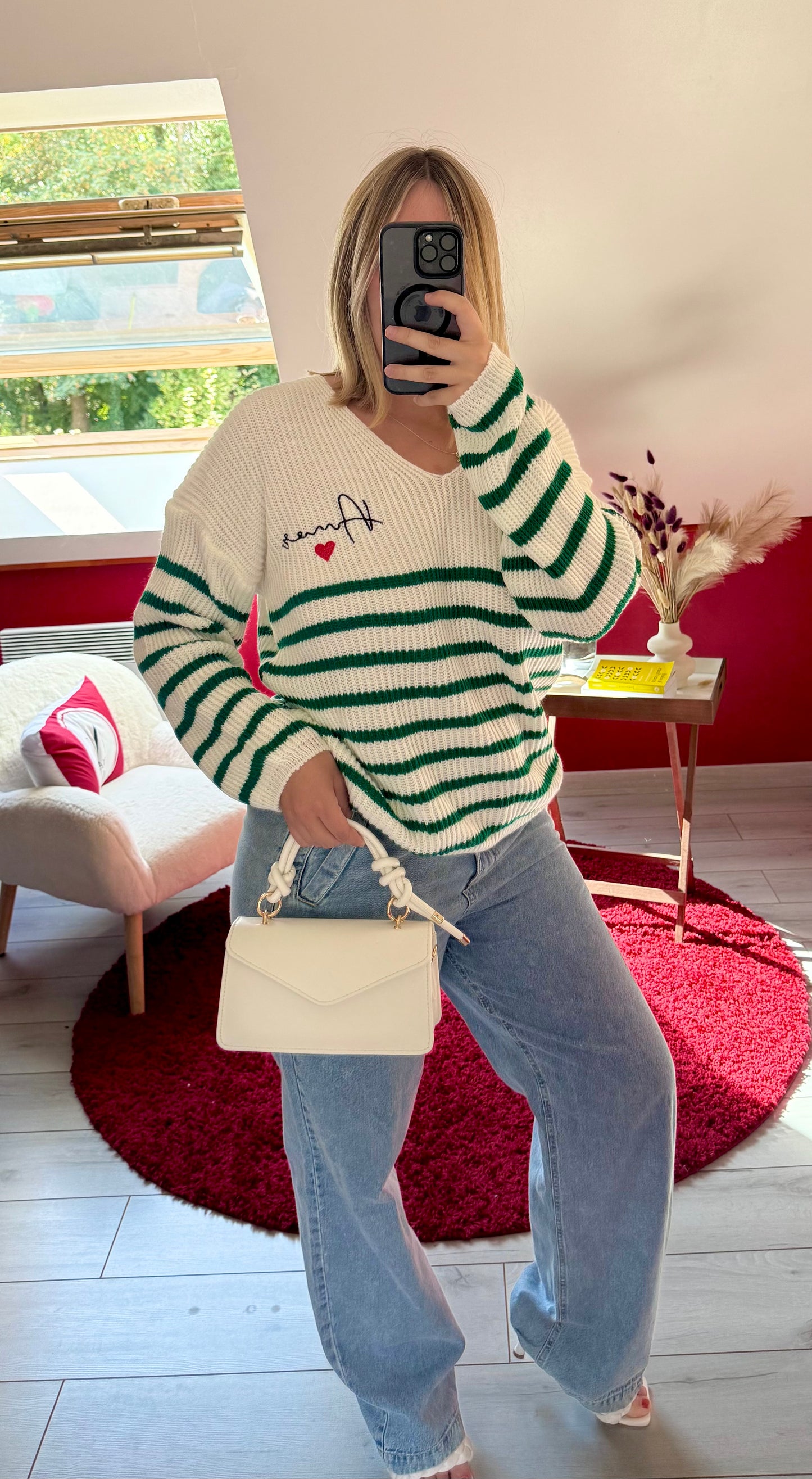PULL RAYURE VERT « AMOUR » - MaisonKLLY