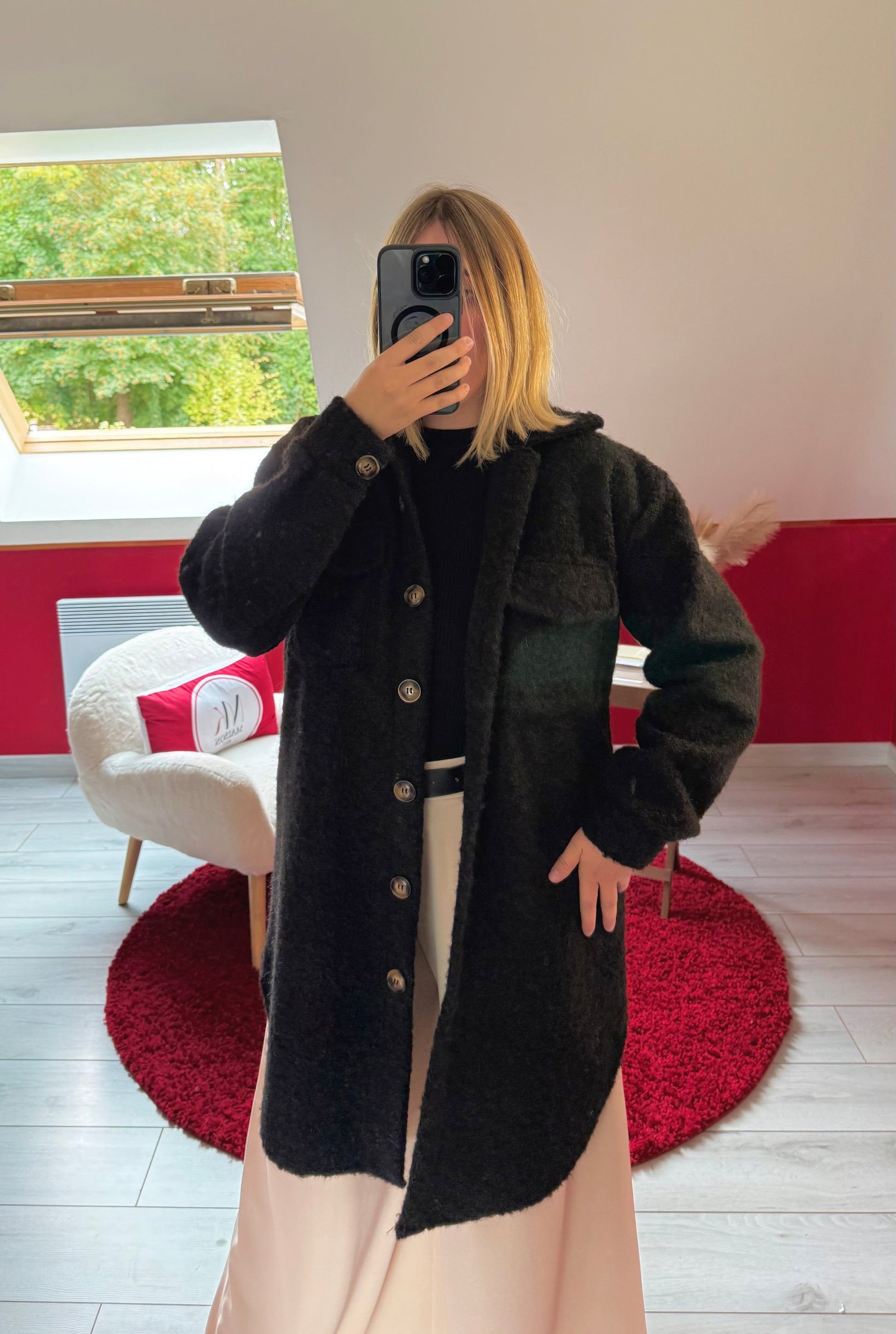 VESTE BOUTONNÉE LONGUE NOIR - MaisonKLLY