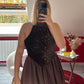 ROBE BALLON SATIN À SEQUIN CHOCOLAT - MaisonKLLY