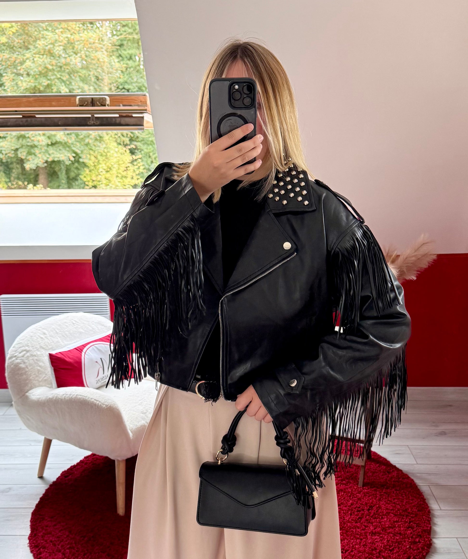 VESTE SIMILICUIR FRANGE NOIR - MaisonKLLY