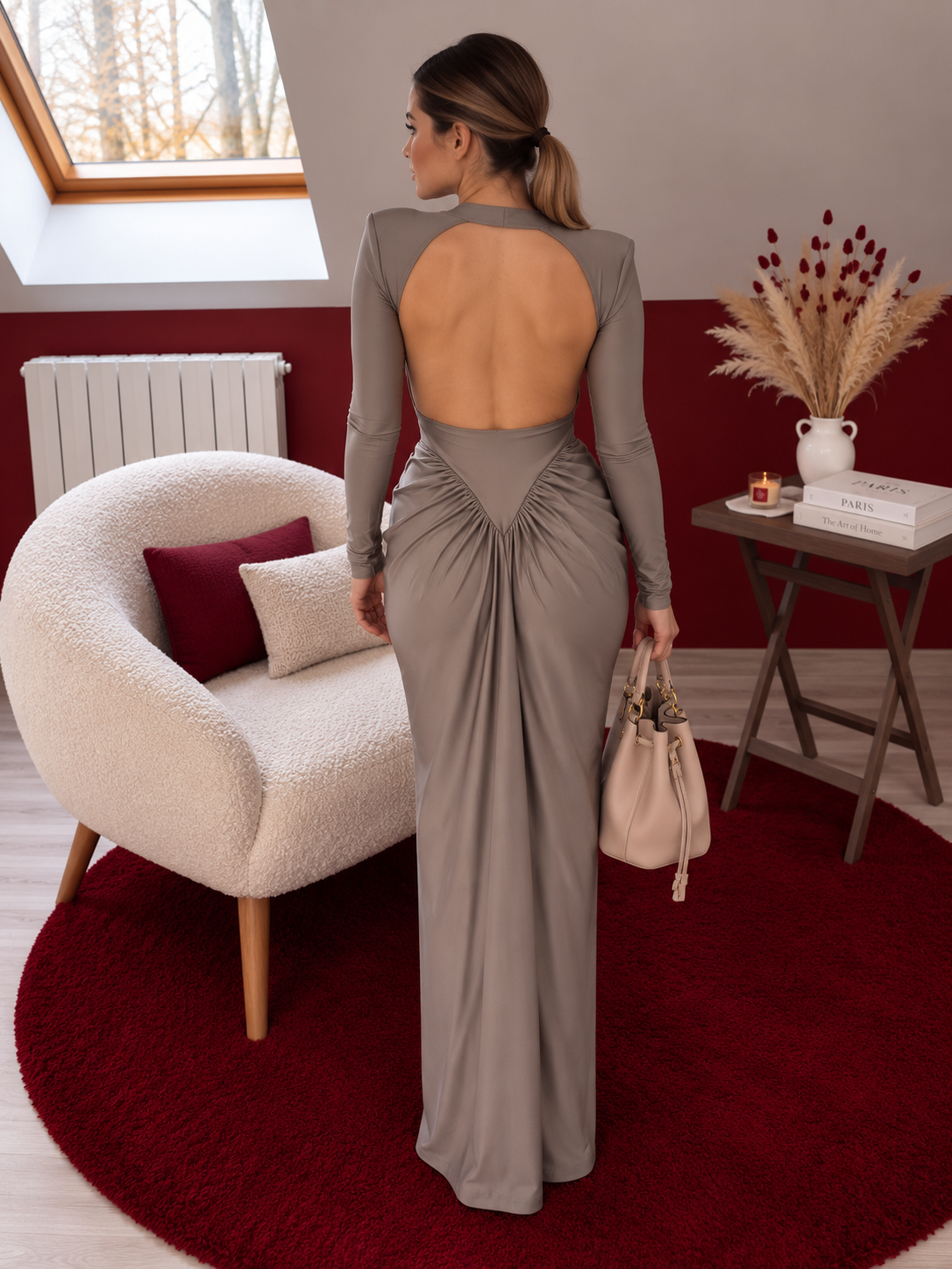 ROBE DOS NU SATIN TAUPE