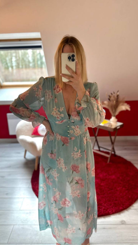 ROBE FLEURS BLEU - MaisonKLLY