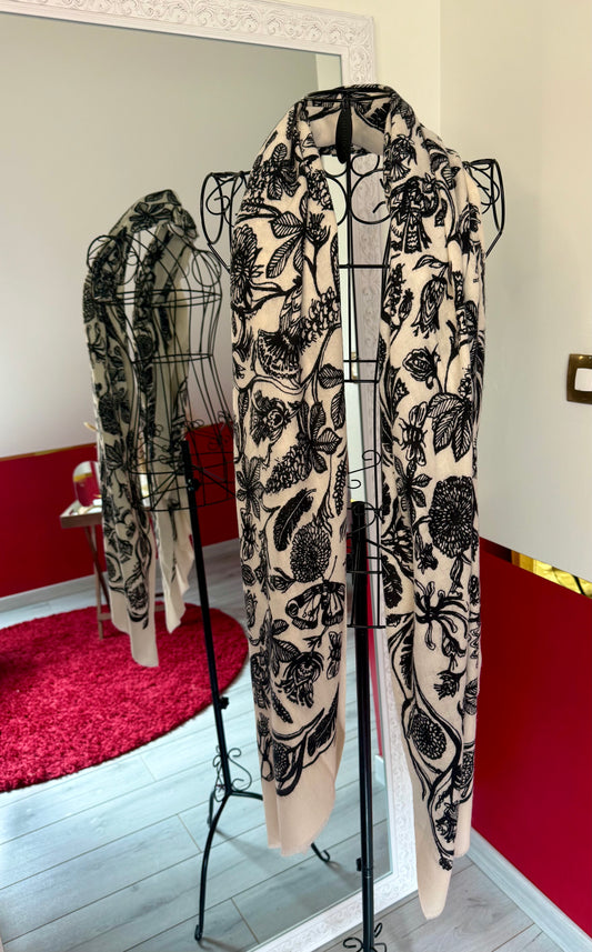 ÉCHARPE EN LAINE IMPRIMÉ FLEURS NOIR - MaisonKLLY