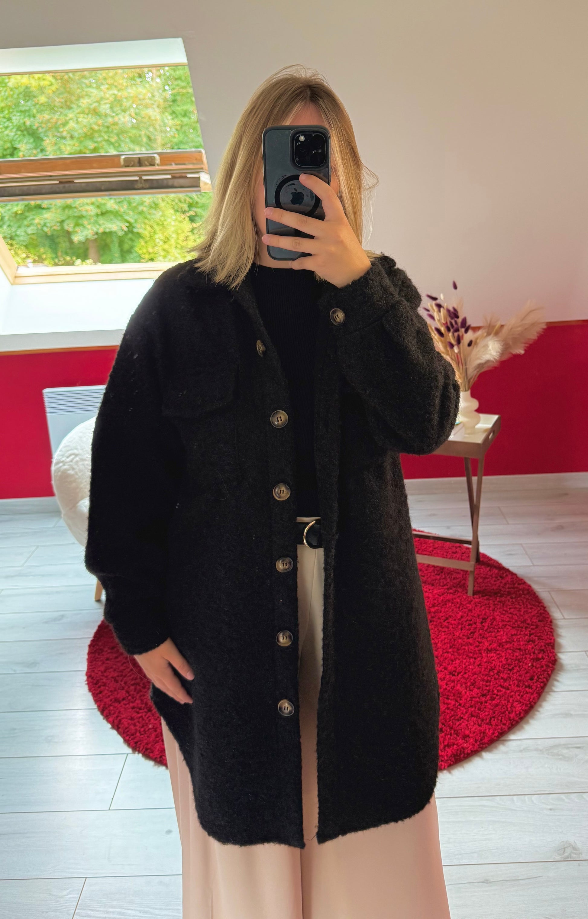 VESTE BOUTONNÉE LONGUE NOIR - MaisonKLLY