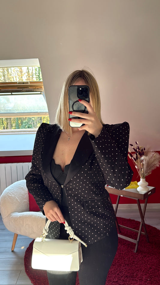BLAZER NOIR À POIS BLANC COTON