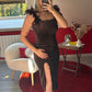 ROBE BRILLANTE À PLUME CHOCOLAT - MaisonKLLY