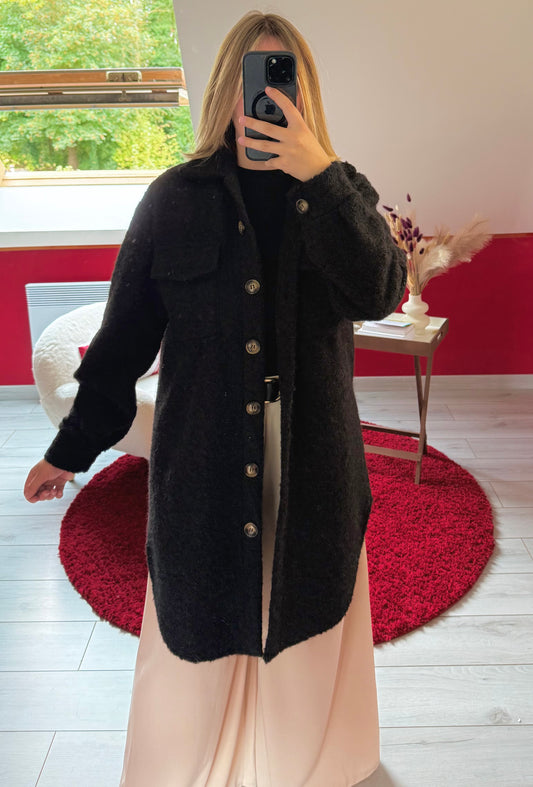 VESTE BOUTONNÉE LONGUE NOIR - MaisonKLLY