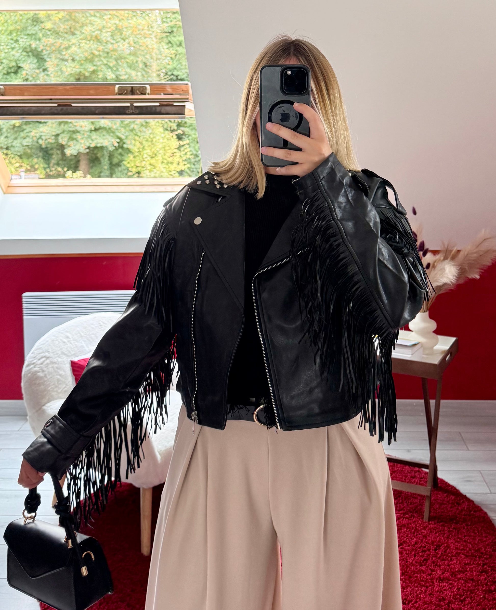 VESTE SIMILICUIR FRANGE NOIR - MaisonKLLY