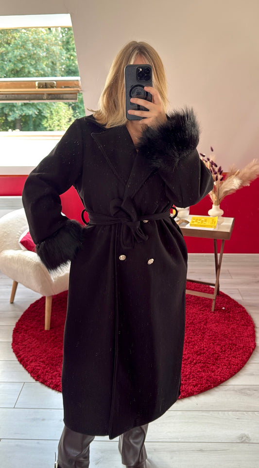 MANTEAU LONG MANCHE FOURRURE NOIR