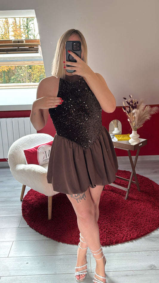 ROBE BALLON SATIN À SEQUIN CHOCOLAT - MaisonKLLY