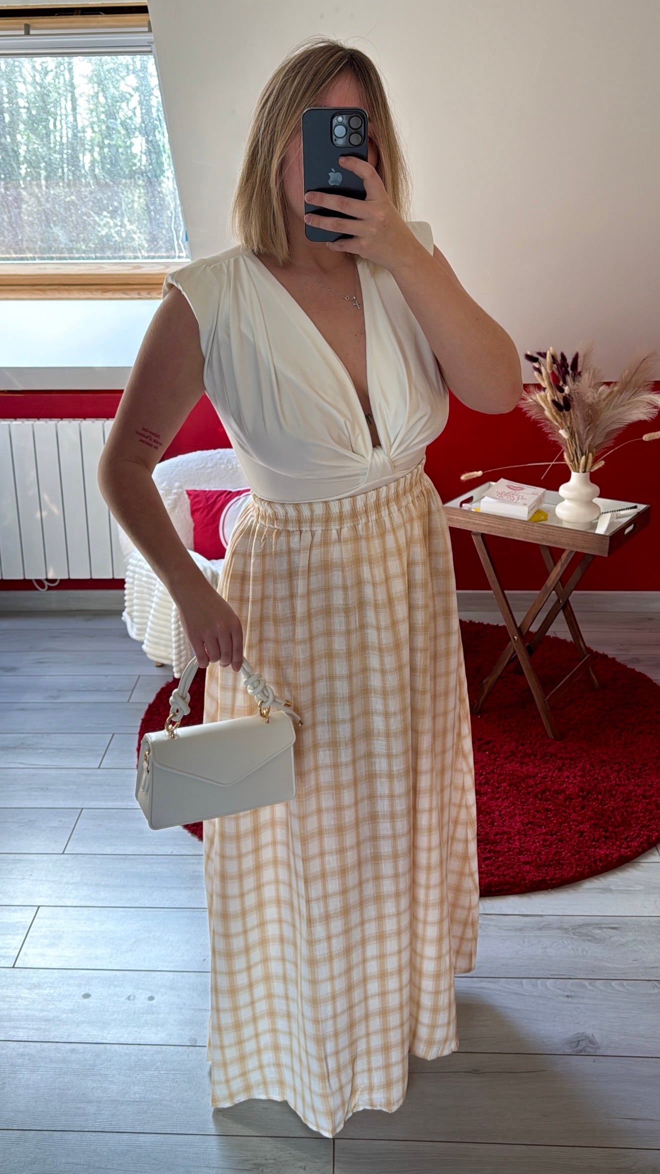 JUPE LONGUE À CARREAUX BEIGE - MaisonKLLY