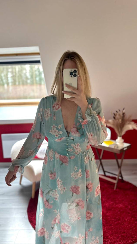 ROBE FLEURS BLEU - MaisonKLLY