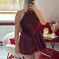 ROBE BALLON SATIN À SEQUIN BORDEAUX - MaisonKLLY
