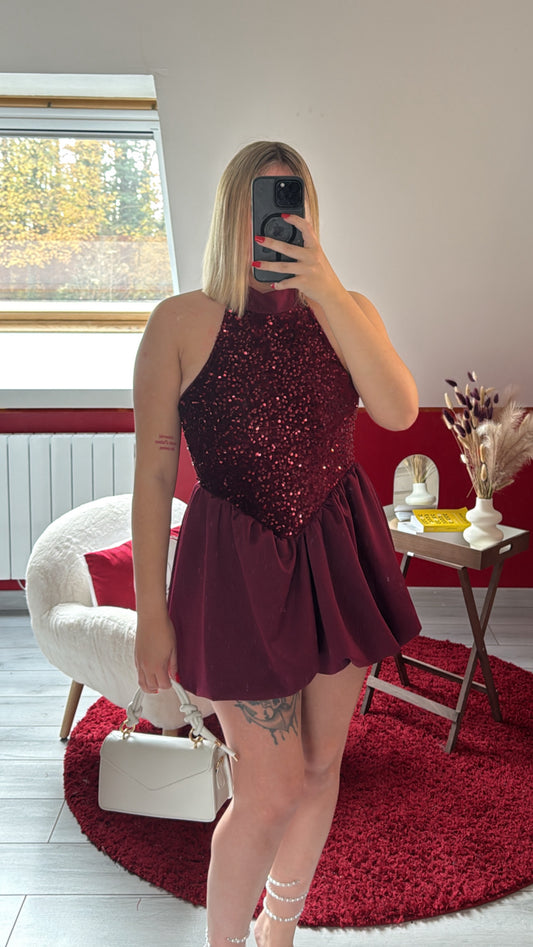 ROBE BALLON SATIN À SEQUIN BORDEAUX - MaisonKLLY