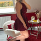ROBE BALLON SATIN À SEQUIN BORDEAUX - MaisonKLLY