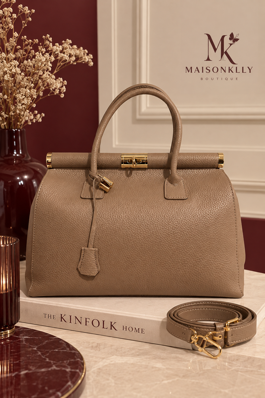 SAC À MAIN EN CUIR DE VACHETTE GRAINÉ TAUPE