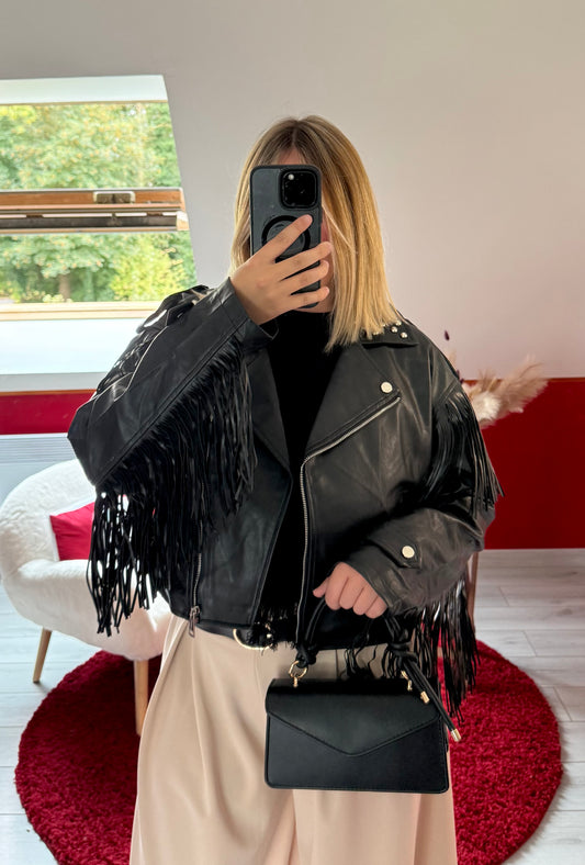 VESTE SIMILICUIR FRANGE NOIR - MaisonKLLY