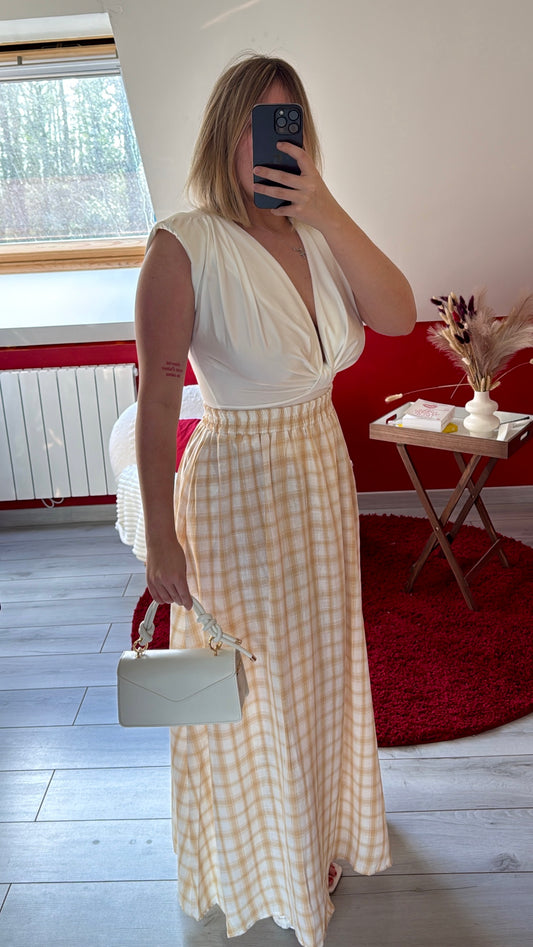 JUPE LONGUE À CARREAUX BEIGE - MaisonKLLY
